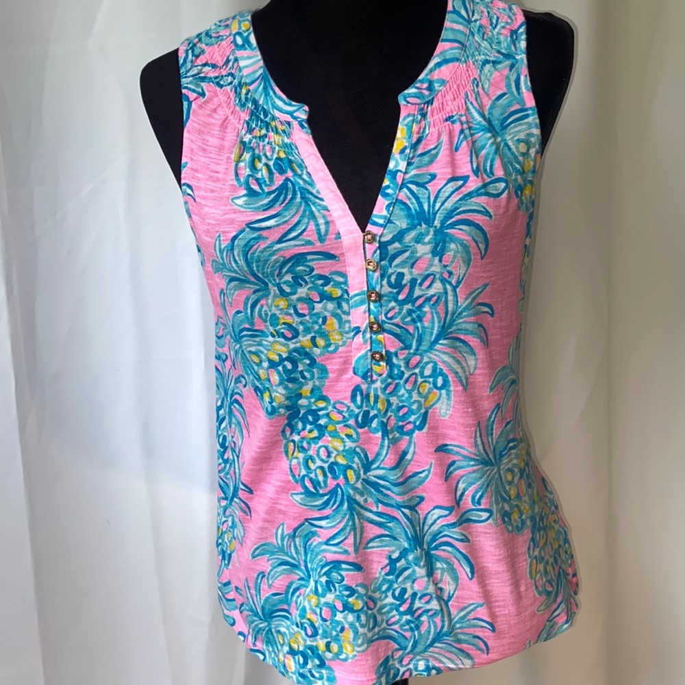 Lilly Pulitzer Cotton Pink Turquoise Pineapples Tank S
